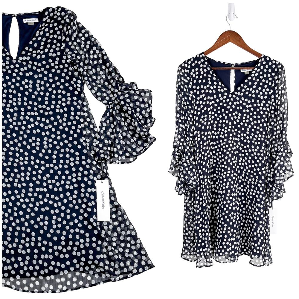 Calvin Klein NWT Polka Dot Chiffon Dress Womens 8 Navy Ruffle Sleeve Wedding